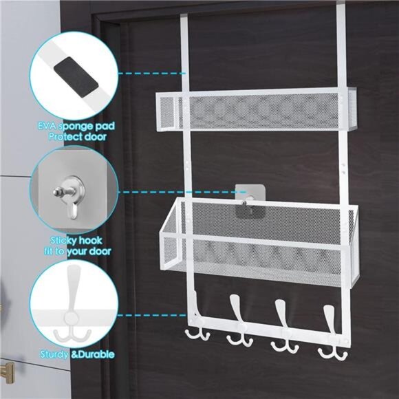 Over The Door Hooks Organizer,Coat Rack with 12 Hooks and 2 Mesh Baskets - Picture 6 of 7